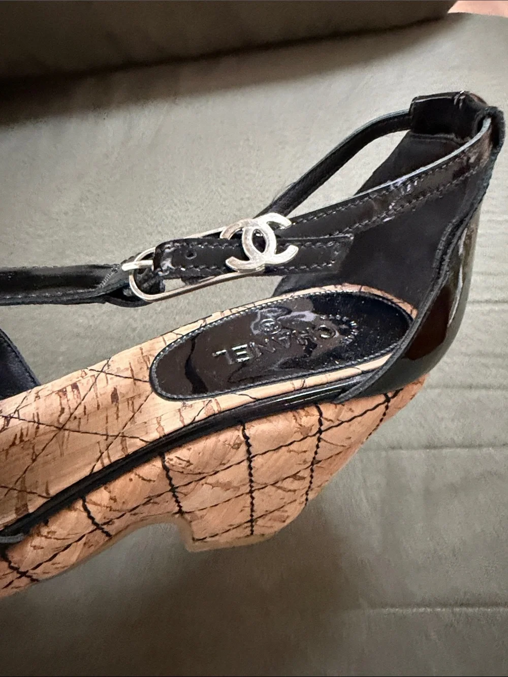 CHANEL Black Patent Leather Cork Wedge Sandals, AUTHENTICATED, size 10 (40)